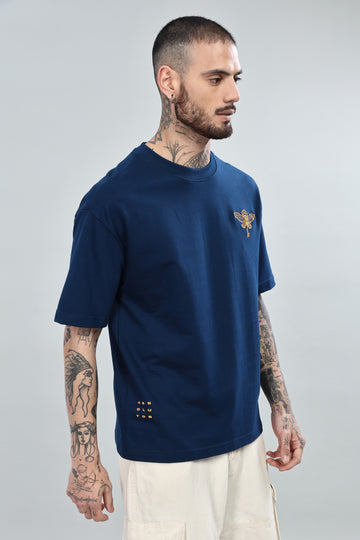 Golden Key Embroidered Oversized Denim Blue T-Shirt