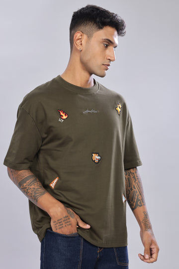Six Patches Fierce Tiger Oversized D Olive T-Shirt