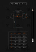T-shirt size chart with measurements on a black background