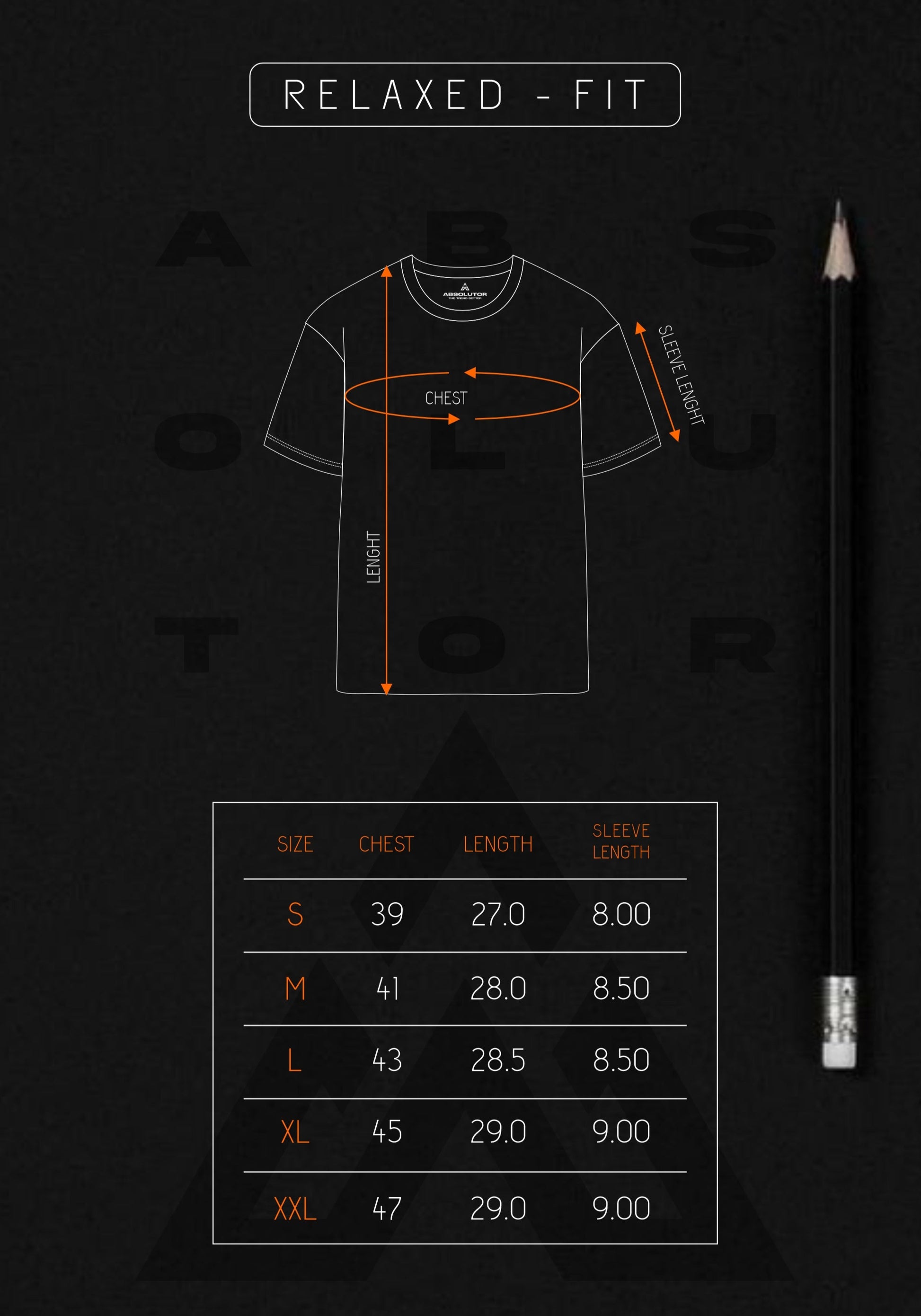 T-shirt size chart with measurements on a black background
